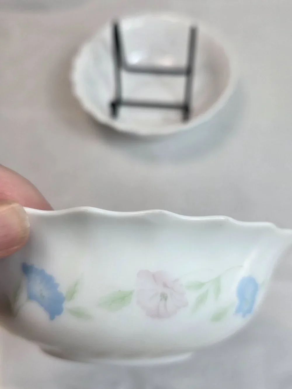 TWO Arcopal France Chloe Cereal Bowls White with Pink & Blue Flowers Scalloped